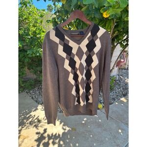 Neiman Marcus Mens Argyle V-Neck Sweater Merino Wool Silk Cashmere Brown Large